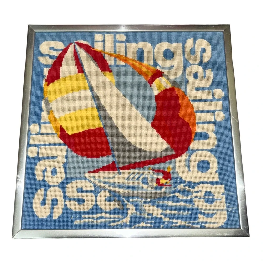 Vintage Art Coastal Sailing Needlepoint Framed Art Pair Nautical Beach Decor 2pc